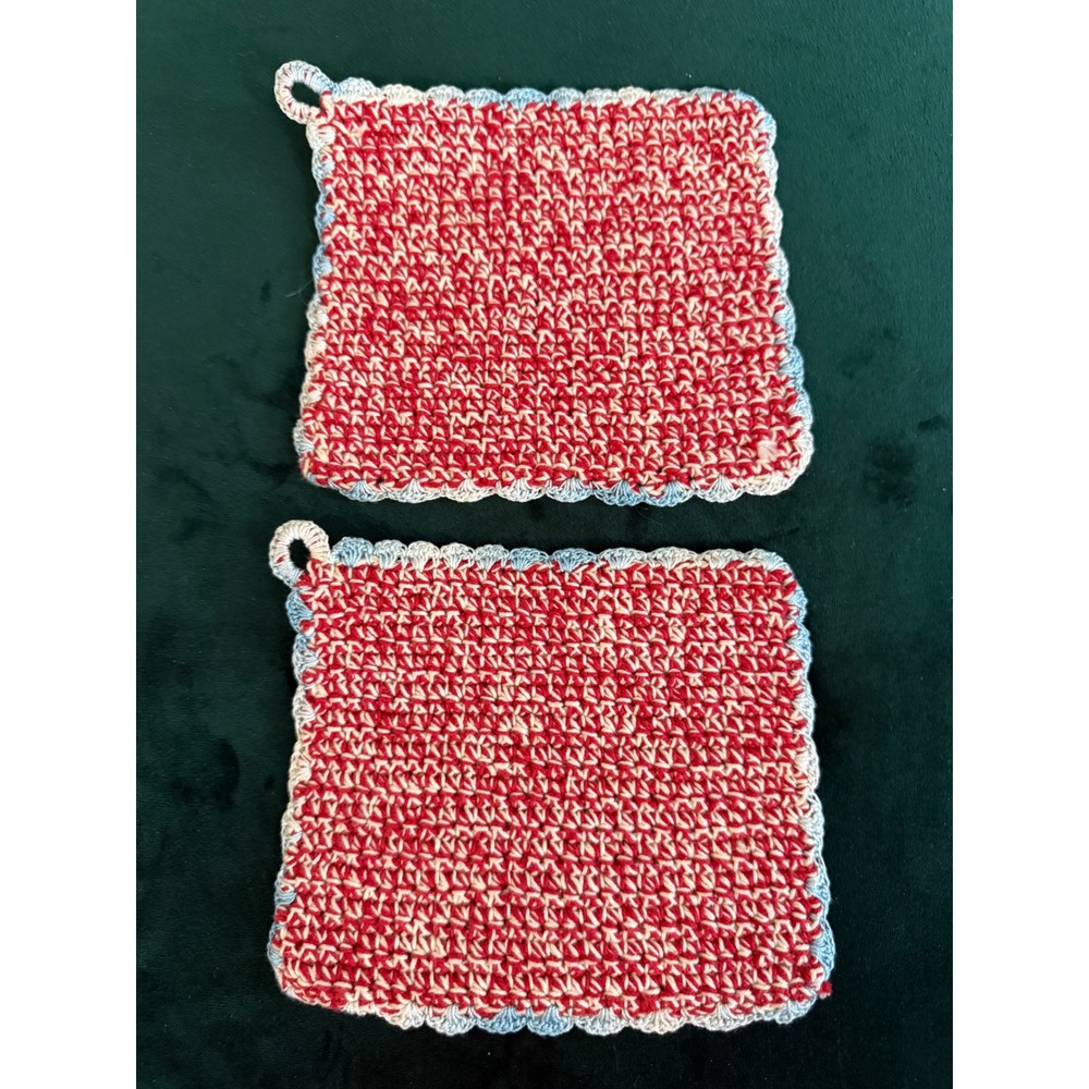 Vintage Handmade Crochet Potholders Set of 2 Red White Blue Scalloped Edge